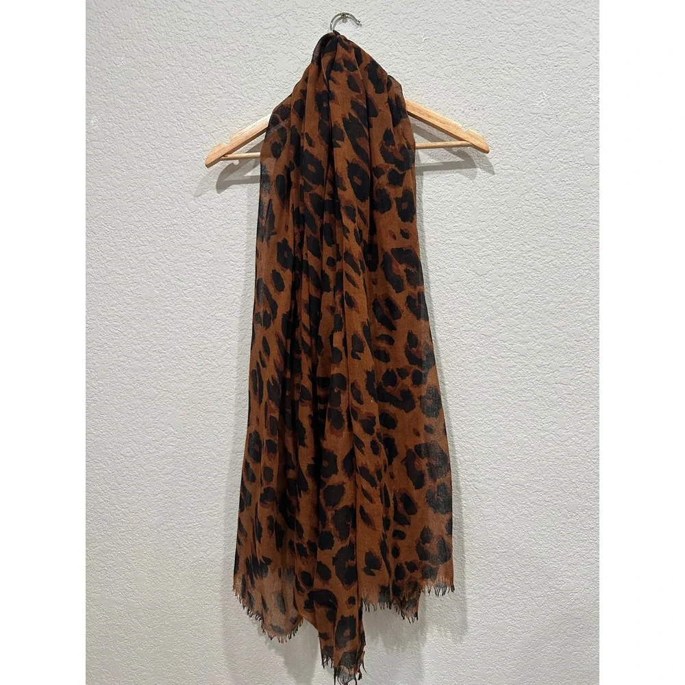 Unbranded Women Leopard Print Scarf Brown Black Animal Pattern Sheer Fringed